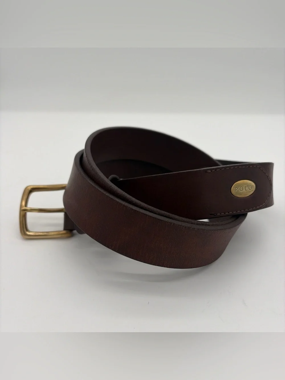 Vintage POLO RALPH LAUREN Leather Belt Mens 38 Brown Brass Buckle Oval Plaque